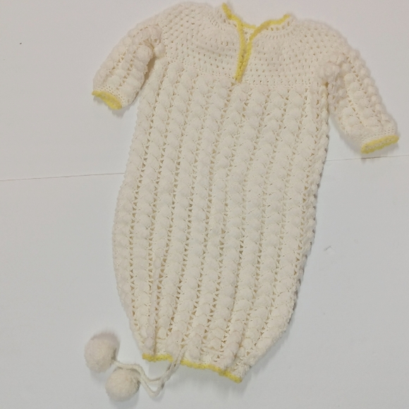 Vintage Hand Crochet Baby Gown White w/ Yellow Trim - Picture 2 of 8
